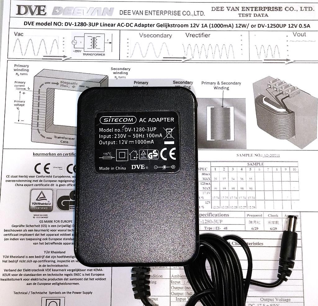 DVE DV-1280-3UP AC DC Adapter 12V 1A 12W Lader Voeding