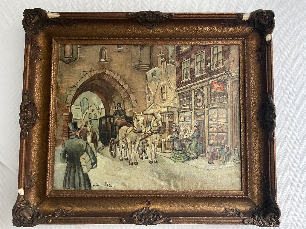 Anton Pieck "De locatie is De Sassenpoort in Zwolle"., Ophalen, Doek, Realistisch, Gesigneerd