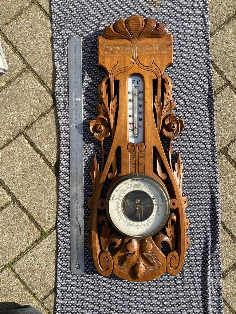 Antieke Barometer met Thermometer - Houtsnijwerk, Ophalen of Verzenden, Gebruikt, Barometer
