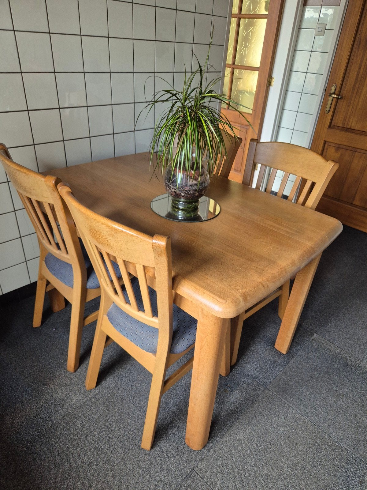 Eethoek met 4 stoelen en tafel met lade, Huis en Inrichting, Ophalen, Gebruikt, Vier personen, Overige houtsoorten