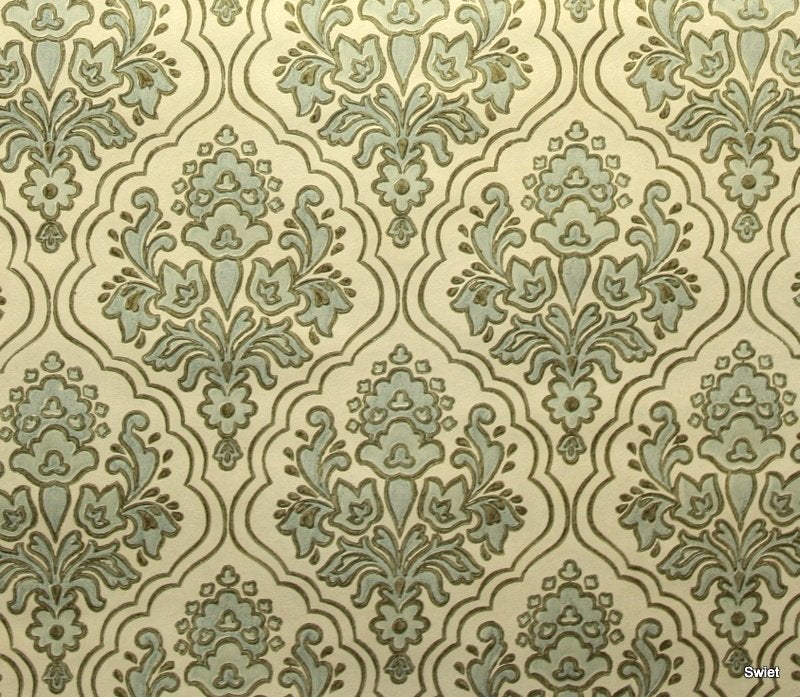 9894 barok vintage behang in ijsblauw en goud swiet, Ophalen of Verzenden, Wit