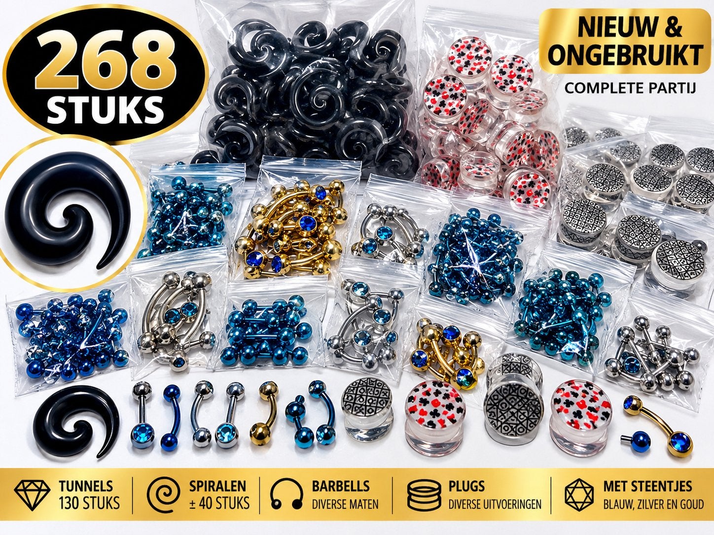 268 Stuks Piercingset: Tunnels, Spiralen, Barbells, Plugs, Staal, Oor- of Traguspiercing, Nieuw, Ophalen of Verzenden