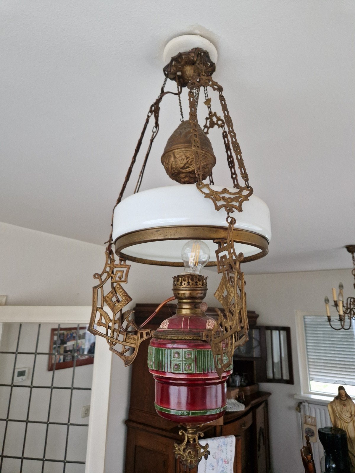 Antieke olielamp / hanglamp met porseleinen reservoir, Antiek en Kunst, Ophalen of Verzenden