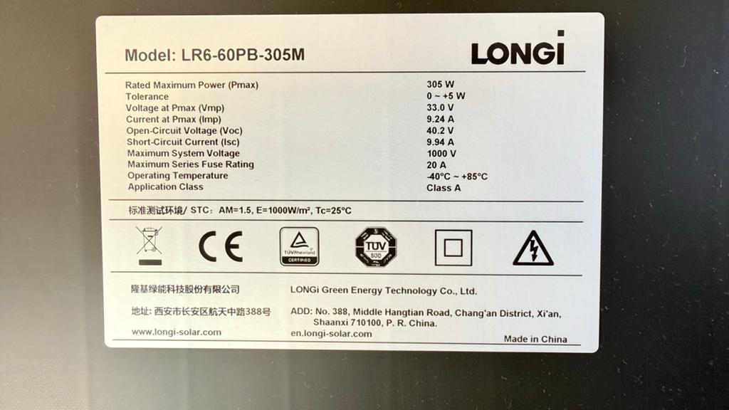 Zonnepaneel Longi 305Wp - 99x165cm, Ophalen, Gebruikt, Paneel, 200 wattpiek of meer