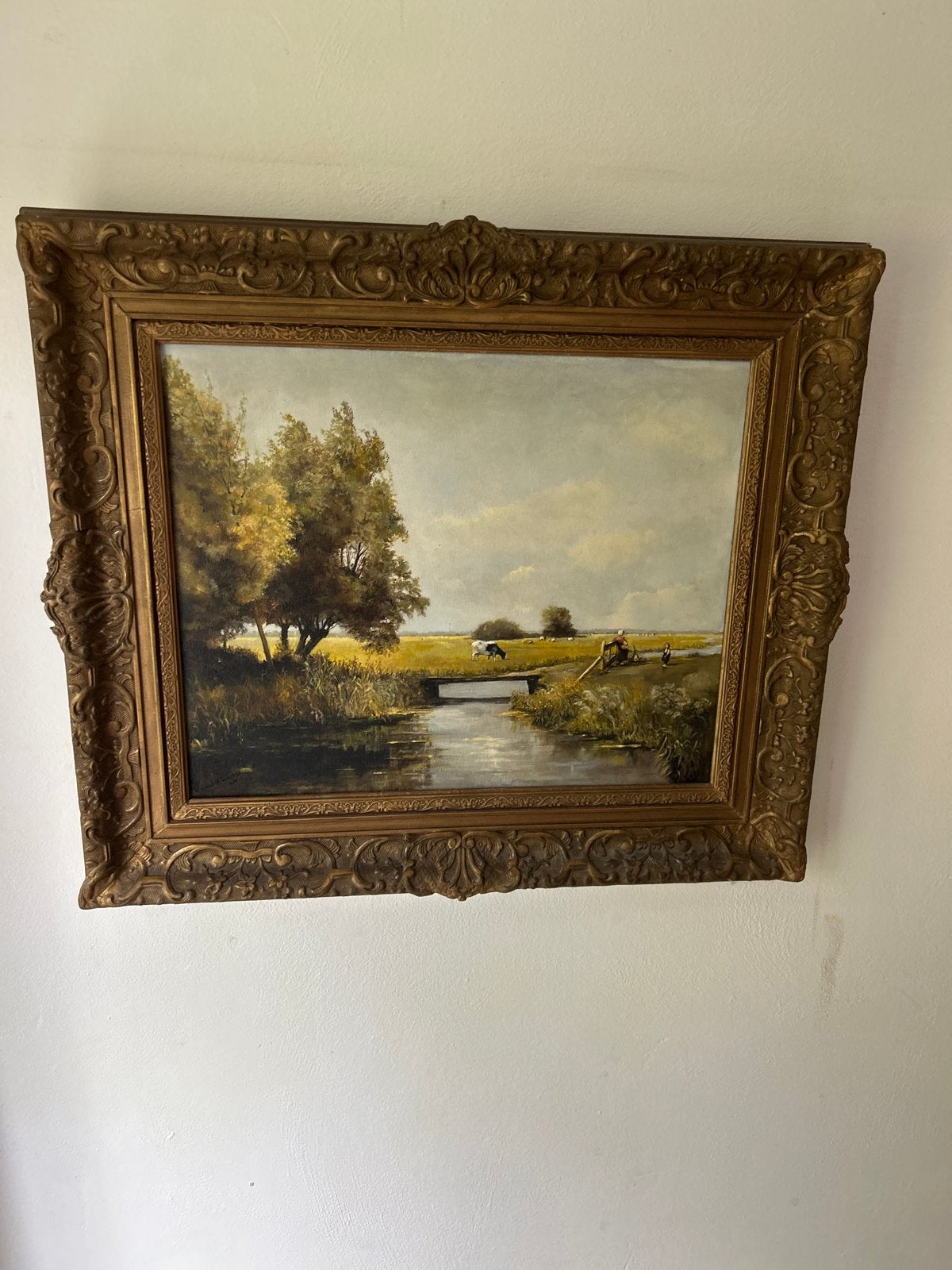 Oud Hollands Landschap Schilderij met Koeien en Figuren, Ophalen, Gedateerd, Doek, Oud hollands