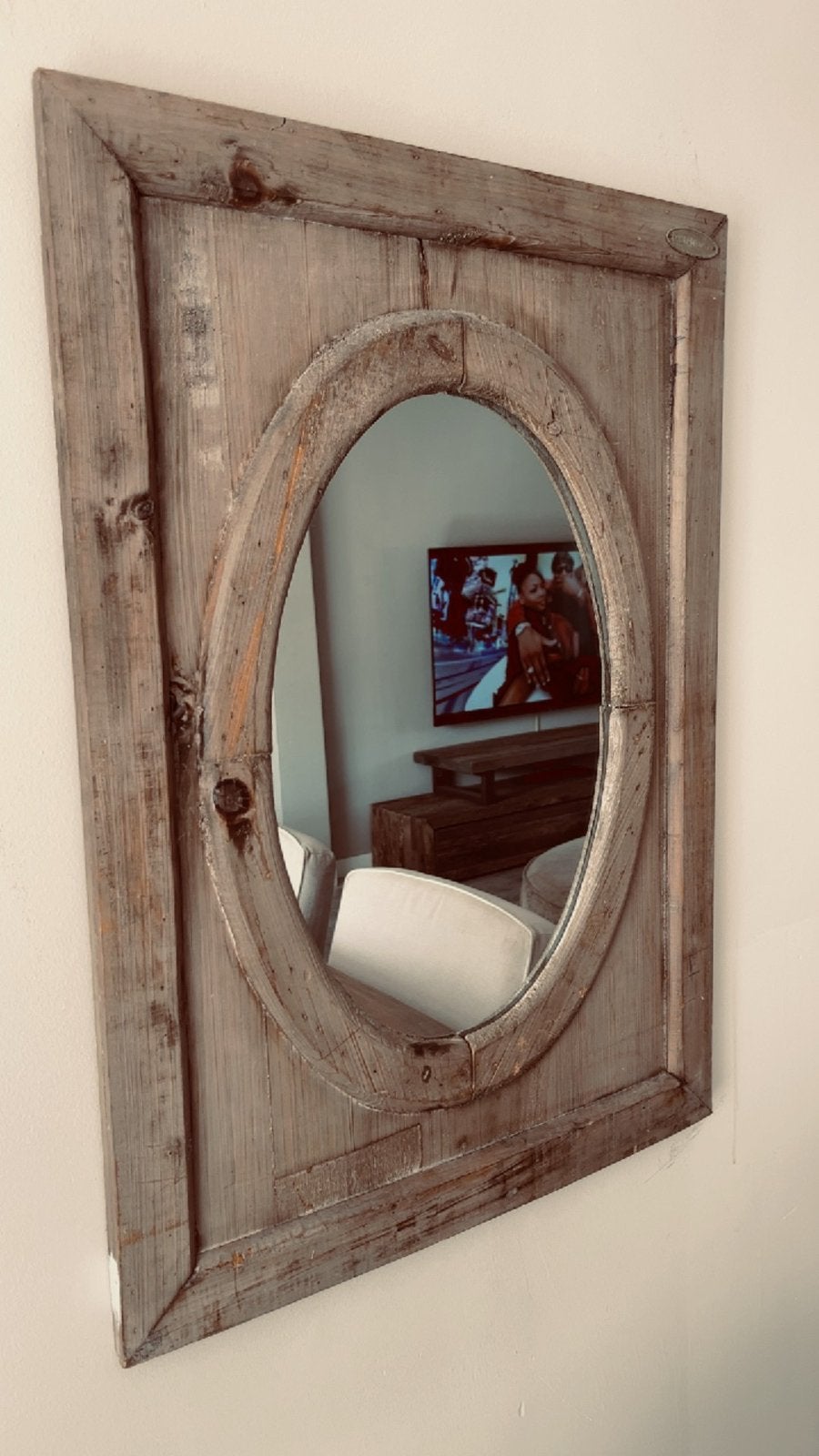 Landelijk sober hout driftwood spiegel Hoffz Aura peeperkorn, Huis en Inrichting, Ophalen of Verzenden, Zo goed als nieuw, Rechthoekig