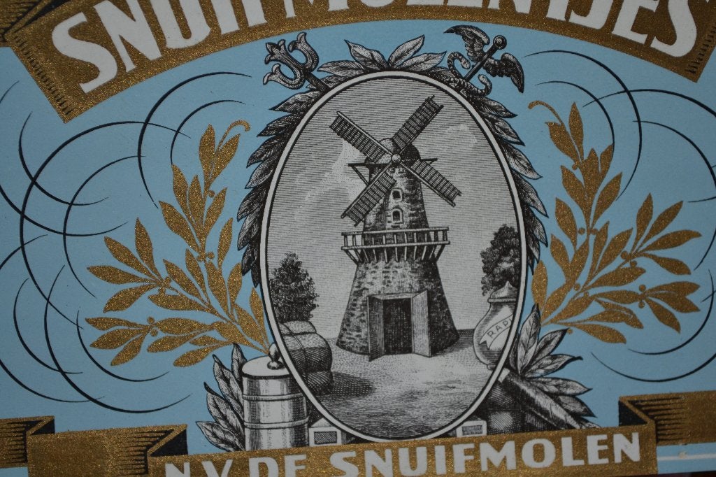 etiket sigaren snuitmolentjes  nv de snuifmolen molen, Verzamelen, Ophalen of Verzenden, Zo goed als nieuw, Sigarenbandjes