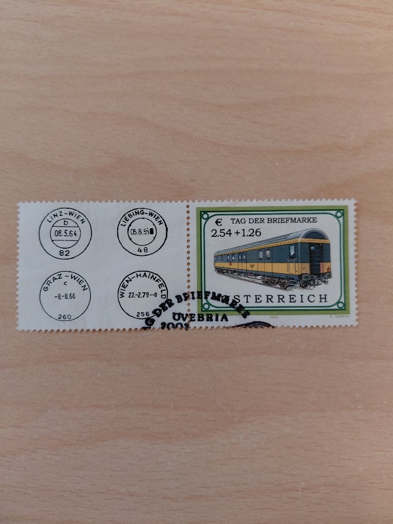 2003 Oostenrijk Tag der Briefmarke trein postrijtuig met tab, Verzenden, Gestempeld