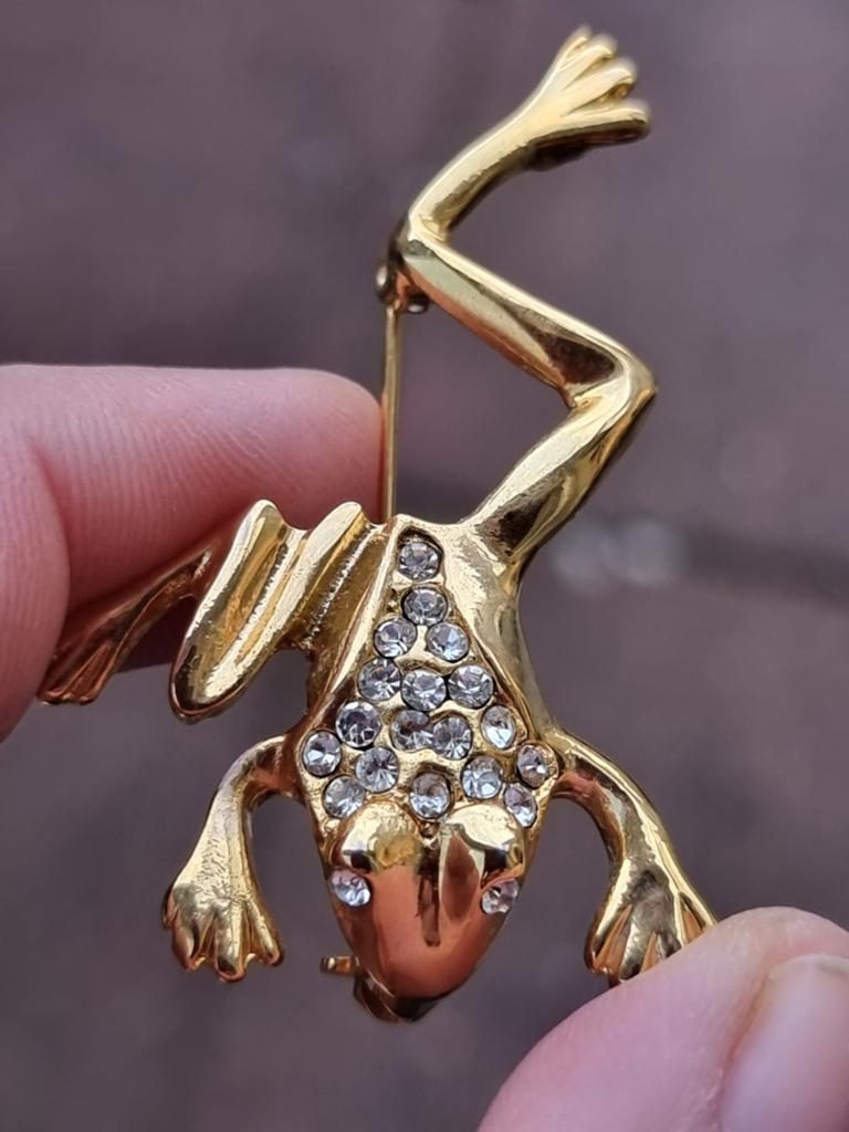 Vintage 1980 verguld 18kt kikker broche, Sieraden, Tassen en Uiterlijk, Broches, Ophalen of Verzenden, Zo goed als nieuw, Goud