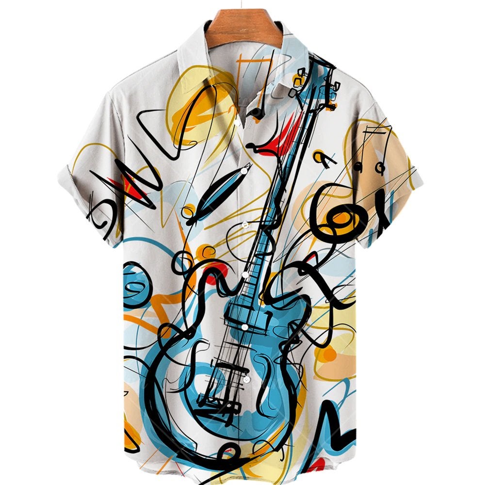 Hawaii gitaar overhemd heren mannen muziek instrument shirt, Verzenden, Nieuw, Meerkleurig, Overige halswijdtes
