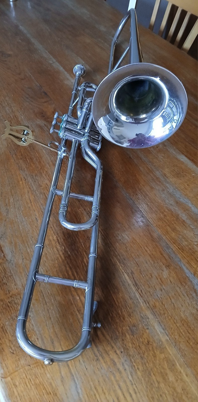 Zilverkleurige trombone met ventielen, Ophalen, Gebruikt, Koperblazer
