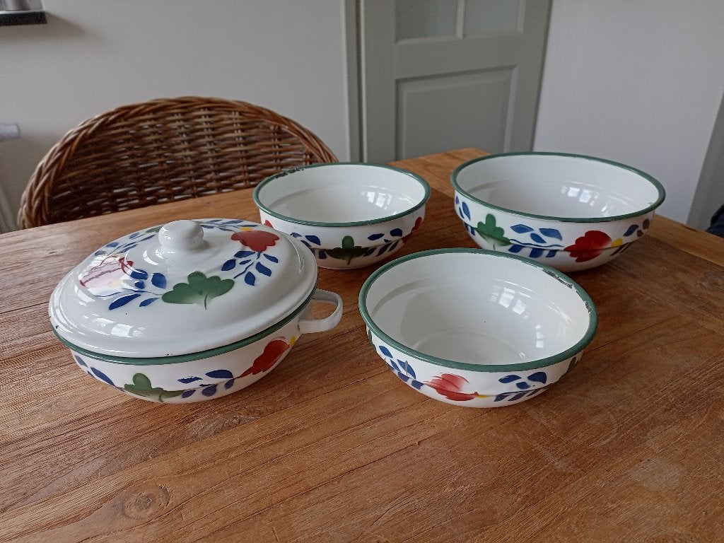 4x emaille schaal boerenbont/1 met deksel, Ophalen of Verzenden