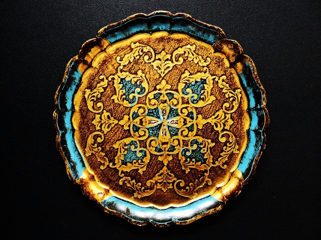 Italiaans dienblad serveerblad blauw ecru en goud, Antiek en Kunst, Curiosa en Brocante, Ophalen of Verzenden