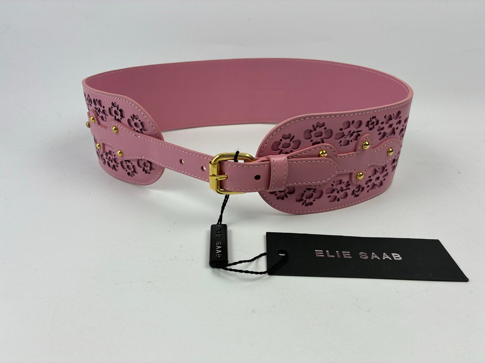Elie Saab Roze Leren Tailleriem met Lasergesneden Bloemen, 5 cm of meer, Echt leder, Nieuw, Tailleriem