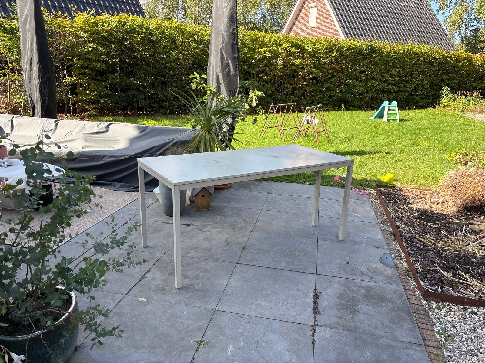 Stevige tafel met stalen frame - 160x75x75cm, Ophalen, Gebruikt, Rechthoekig, Metaal