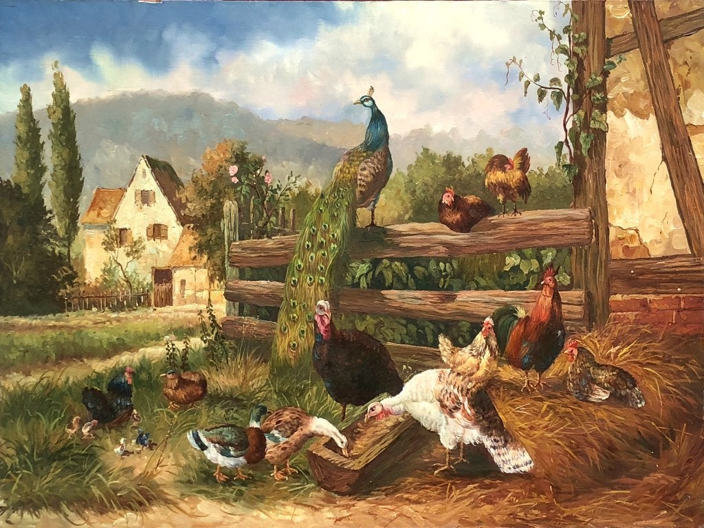 Schilderij houten paneel 'Pauw met pluimvee bij voerbak', Antiek en Kunst, Kunst | Schilderijen | Klassiek, Ophalen of Verzenden