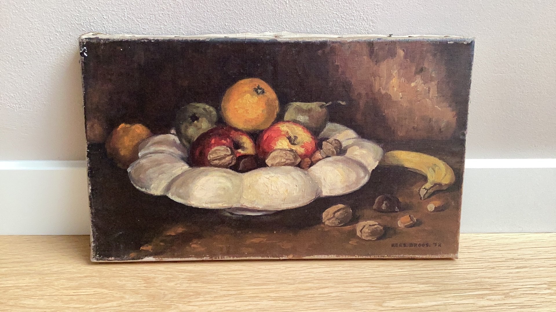 Stilleven met fruit en noten - Kees Broos (1952), Doek, Realistisch, Stilleven, Ophalen of Verzenden