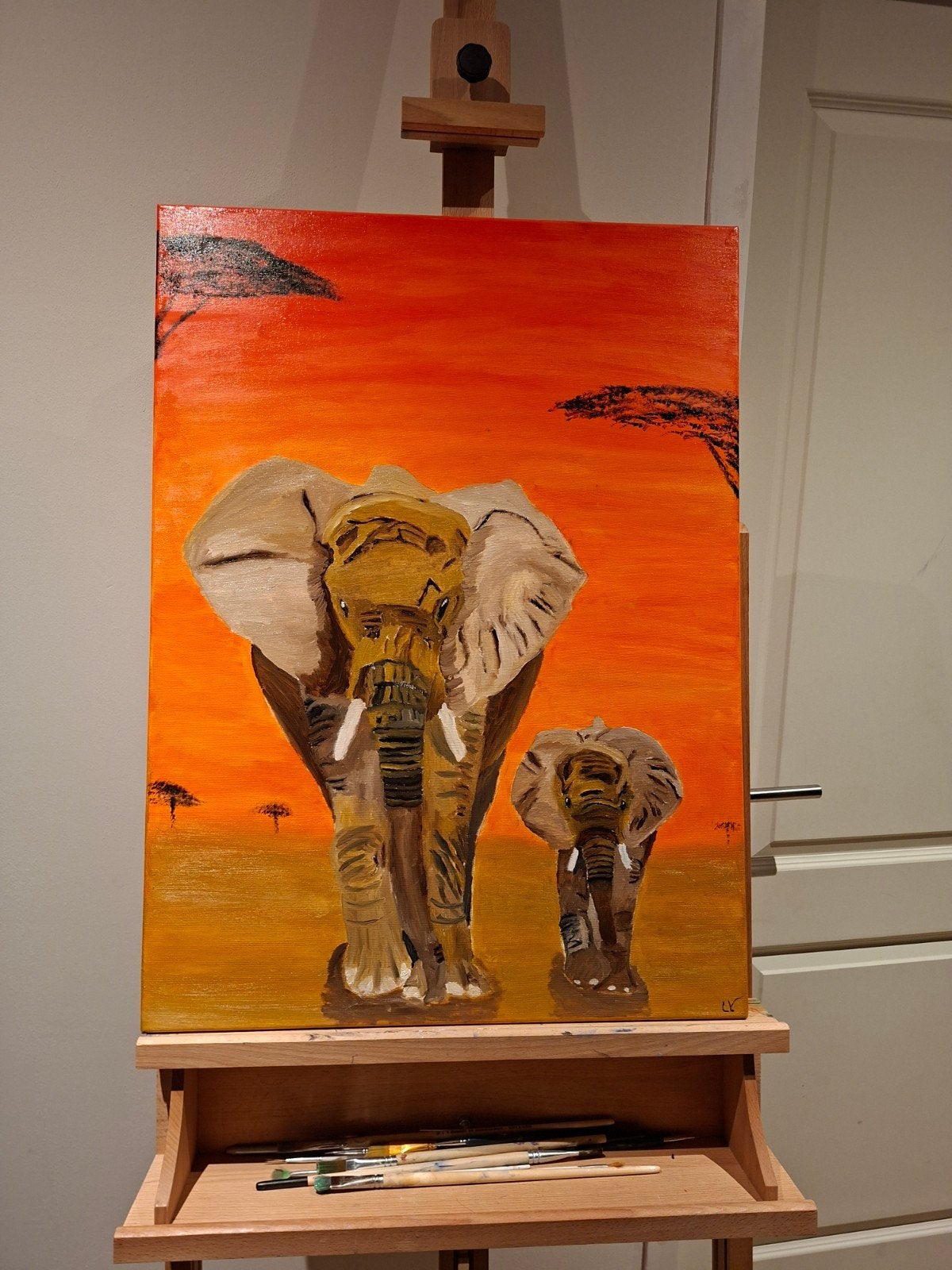 Olieverfschilderij olifanten 55x75 cm, Ophalen of Verzenden