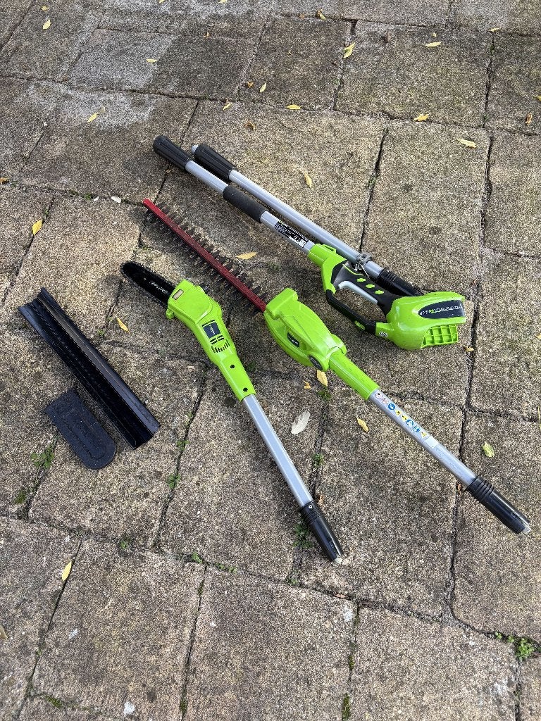 Greenworks accu takkenzaag en heggenschaar, Tuin en Terras, Ophalen of Verzenden, Gebruikt, Accu, Greenworks
