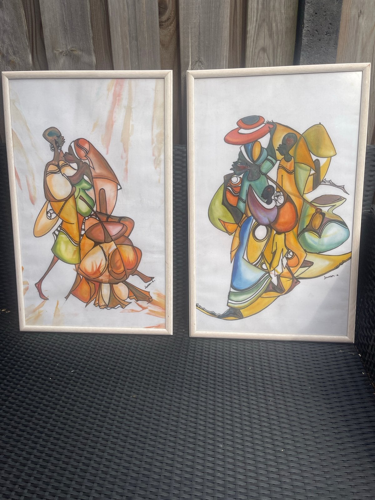 Set van 2 Afrikaanse batik schilderijen - ingelijst., Ophalen, Afrika, Handgemaakt, Meerkleurig