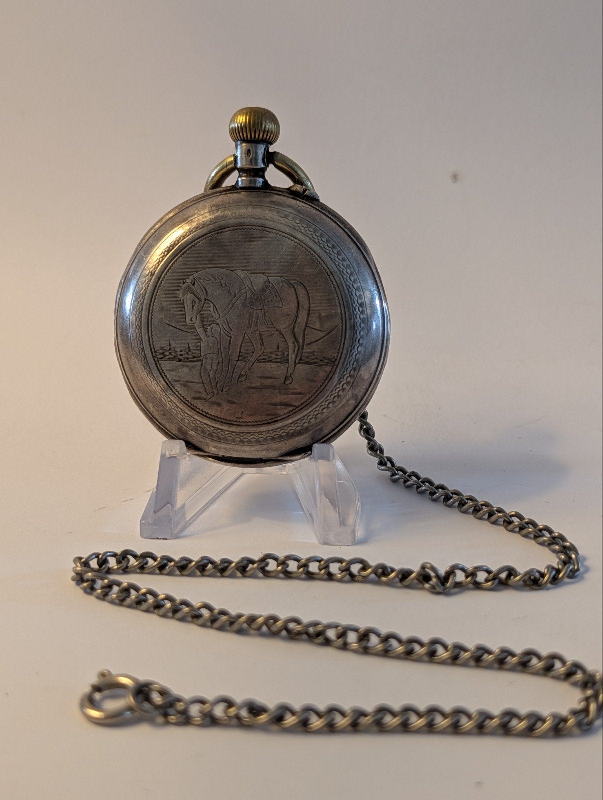 Antiek Zilveren Zakhorloge met Paardengravure, Ophalen of Verzenden, Zilver, Overige typen