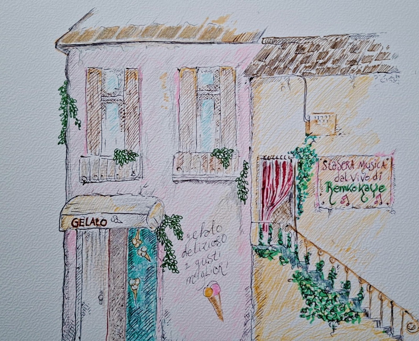 Gelateria - Handgemaakte illustratie van Remko Kaye, Ophalen of Verzenden, Tekening, Gemengde techniek, Handgemaakt