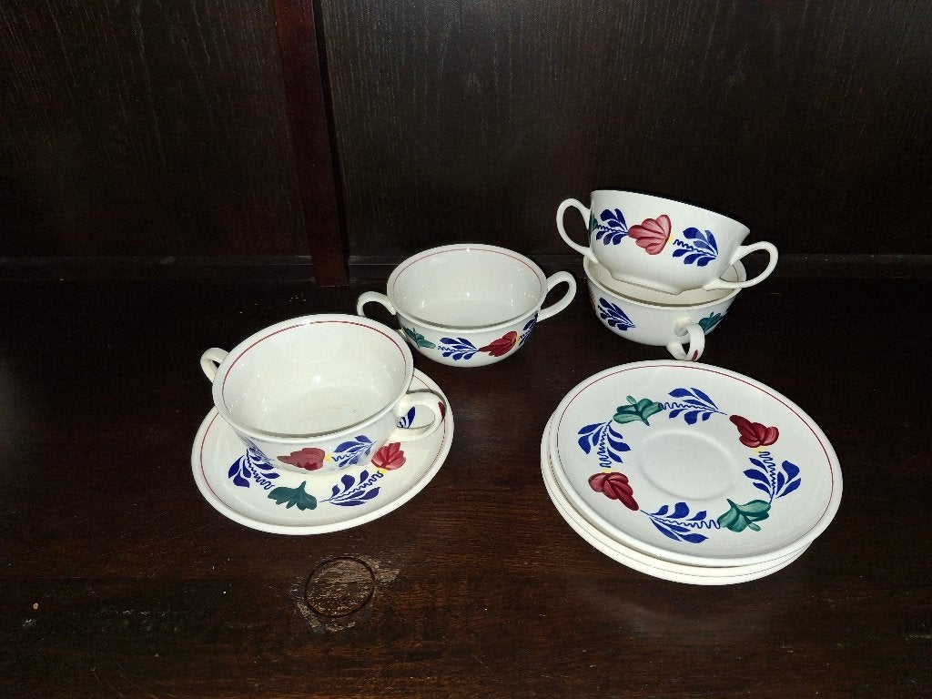 Boerenbont 4 soepkommen met schotels, Huis en Inrichting, Keuken | Servies, Landelijk/Boerenbont, Ophalen of Verzenden, Zo goed als nieuw