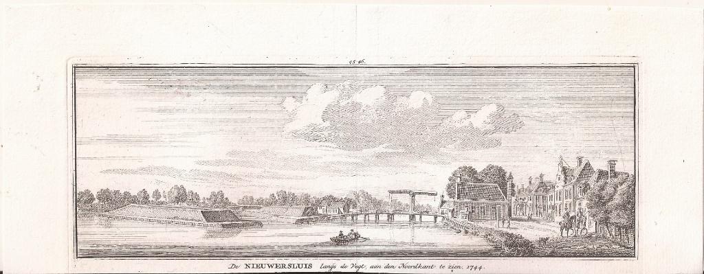 De Nieuwersluis langs de Vegt, aan de noordkant te zien 1744, Stadsgezicht, Ophalen of Verzenden, 7 cm, 20 cm
