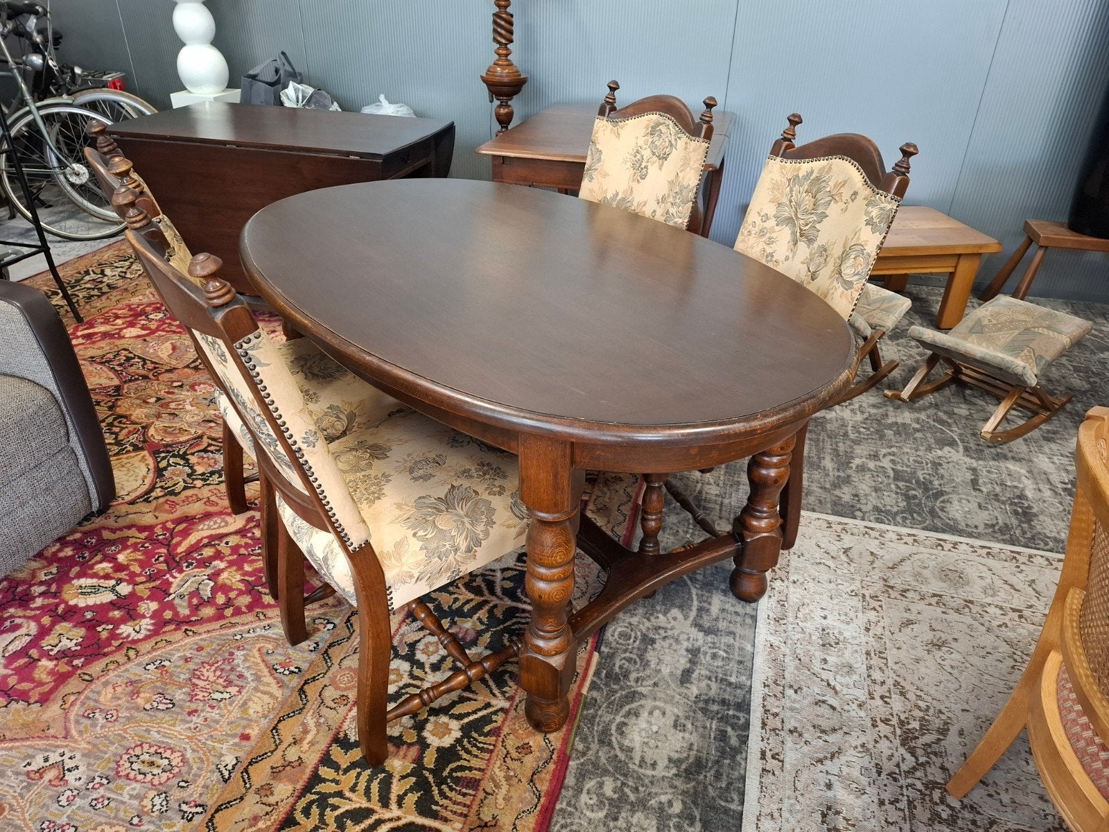 Vintage massief eiken eettafel met 4 stoelen RAC. Zie omschr, Antiek en Kunst, Ophalen