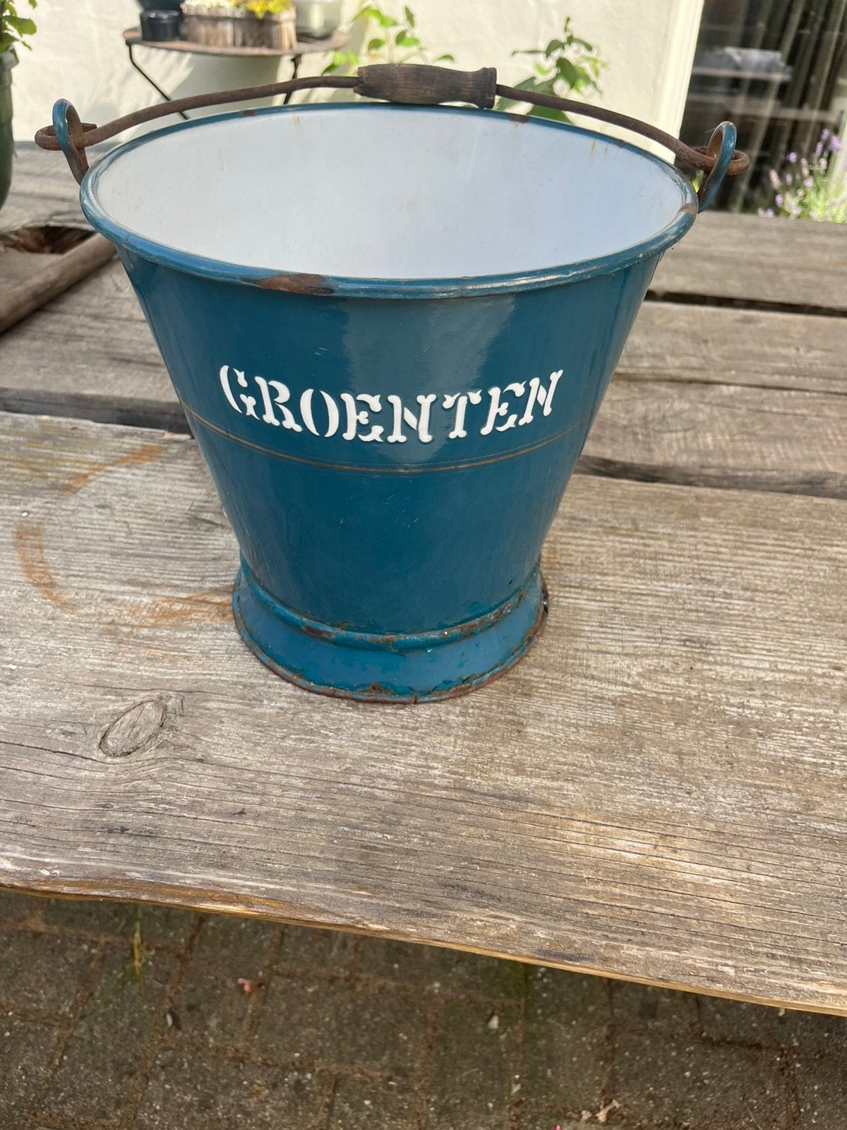 Emaille emmer blauw jaren 40-50 groenten €19,50, Ophalen of Verzenden