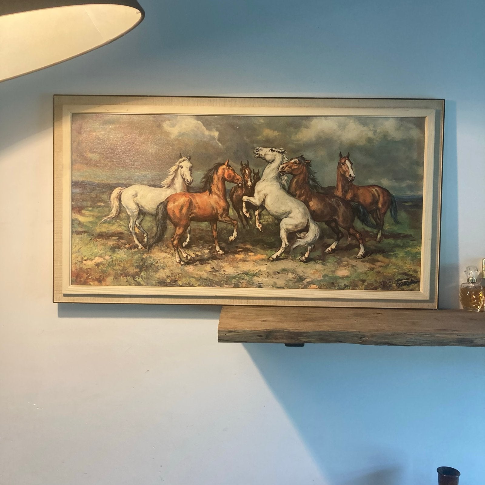 Vintage oliedruk wilde paarden - Heinrich Faust (87x47 cm), Ophalen, Overige ondergronden, Bijzondere lijst, Dieren