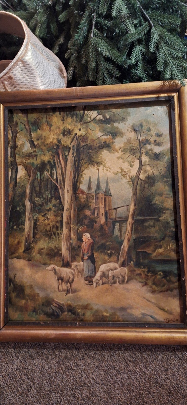 Klassiek olieverfschilderij: Herderin schapen    el, Ophalen of Verzenden
