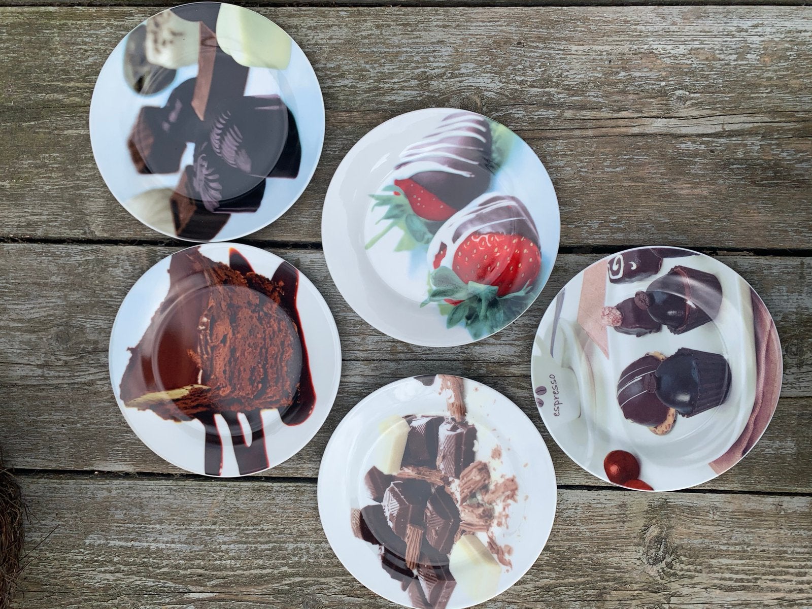 Dessertborden met chocolade en aardbeien print, Huis en Inrichting, Keuken | Servies, Gebruikt, Keramiek, Ophalen of Verzenden
