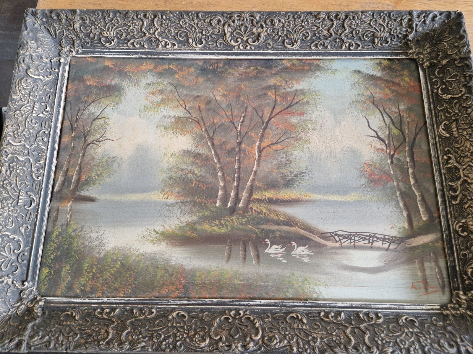 Schilderij met zwanen en landschap, gesigneerd, Ophalen, Doek, Landschap, Olieverf