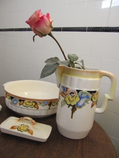 Lampetstel in prachtige kleuren, schaal, kan, kammenbak, Antiek en Kunst, Ophalen of Verzenden