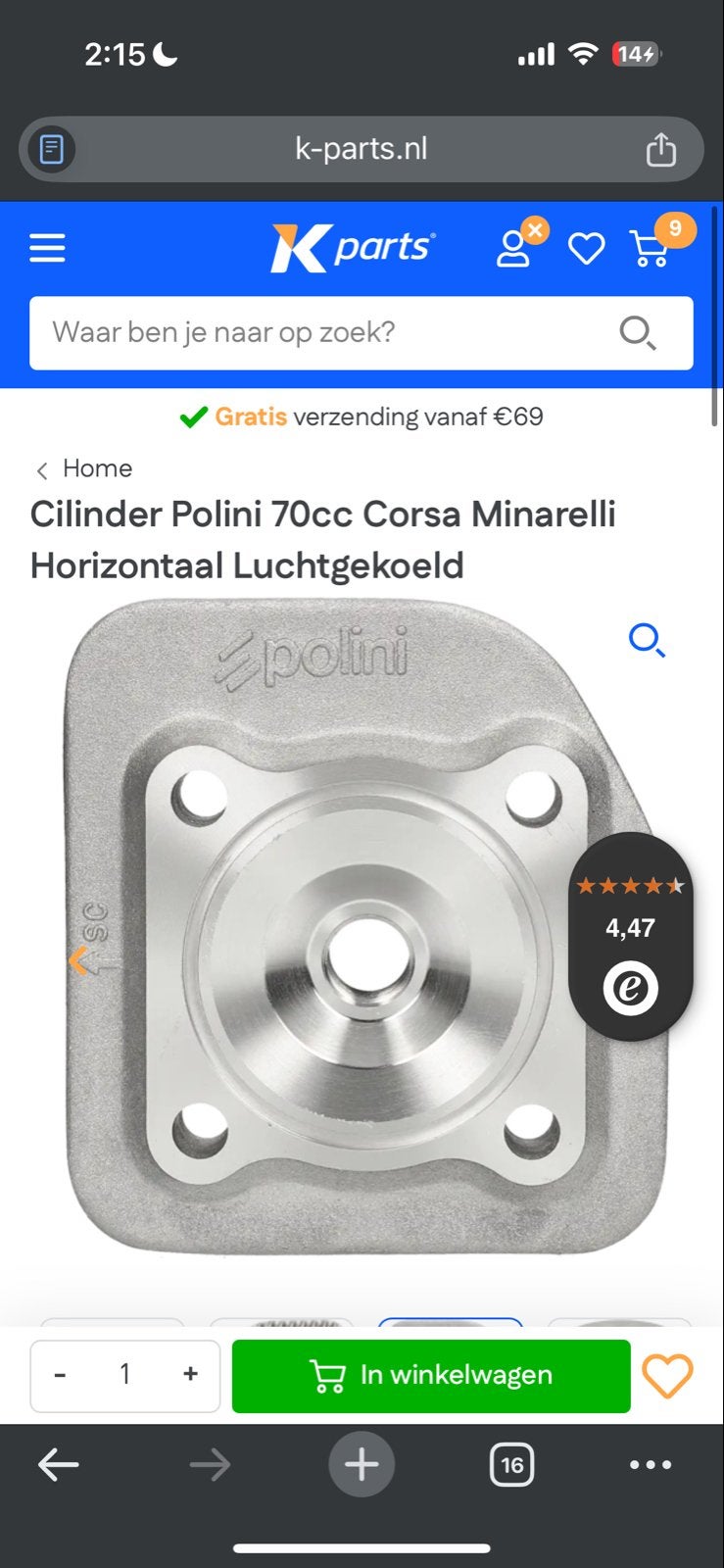 Polini 70cc Corsa Minarelli Horizontaal Luchtgekoeld Cilinde, Fietsen en Brommers, Brommeronderdelen | Algemeen, Nieuw, Cilinder