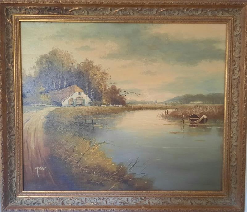 Olieverf schilderij op doek boerderij .N.J Sané,Nr 1, Ophalen, Gebruikt, Oorspronkelijke maker, Schilderij