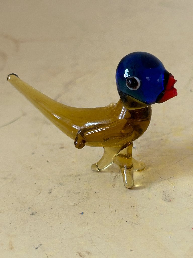 Vintage glazen vogelbeeldje handgeblazen vogel amber blauw, Ophalen of Verzenden