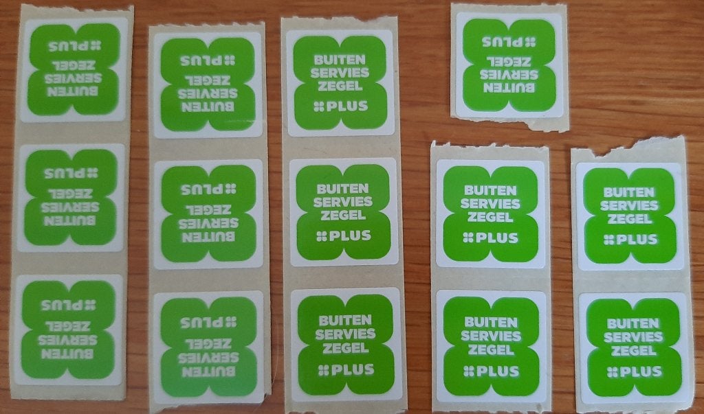Plus buitenservies zegels 14st, Hobby en Vrije tijd, Spaarzegeltjes, Verzenden, Winkel, Super of Benzinepomp, Zegels, Bonnen of Punten