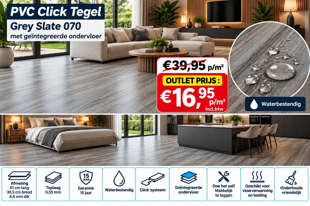Pvc click Grey Slate met integrrede ondervloer €16,95m2