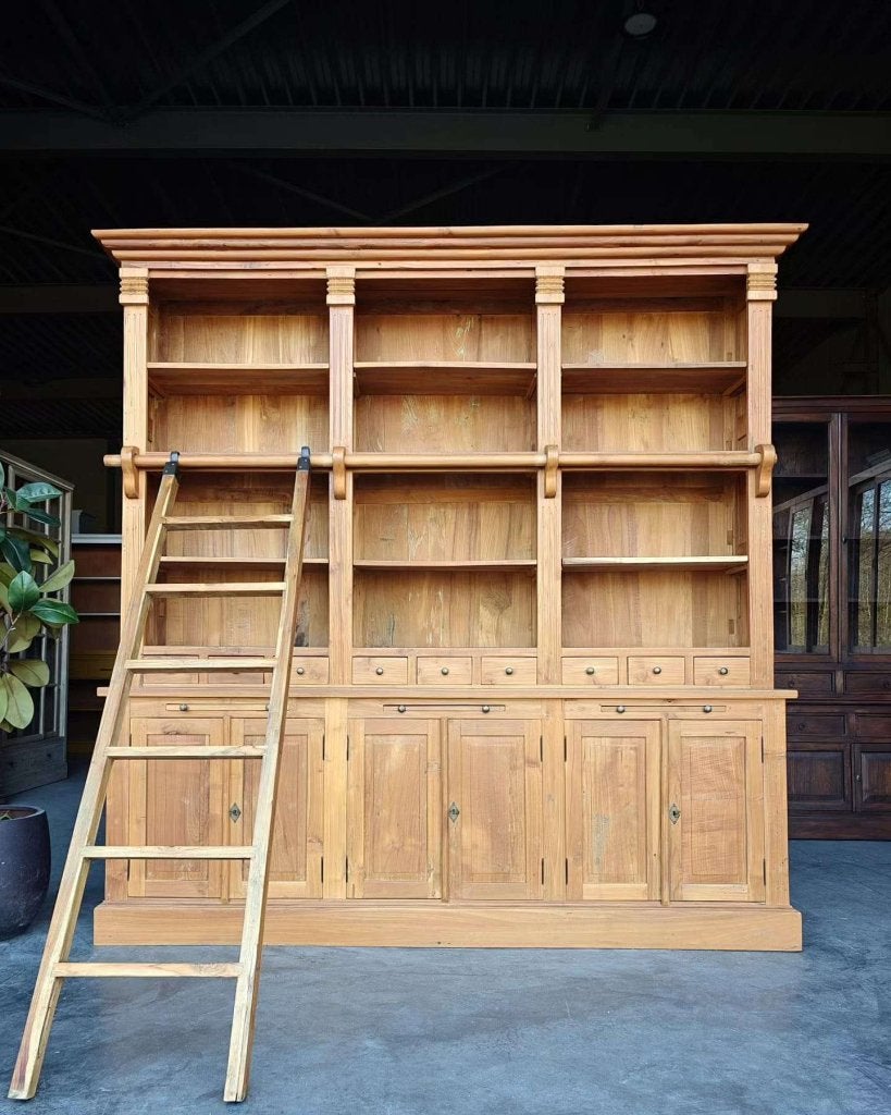Grote teakhout Boekenkast | Bibliotheekkast | Ladder #0528, Niet ingevuld, Gebruikt, Met deur(en), 200 cm of meer