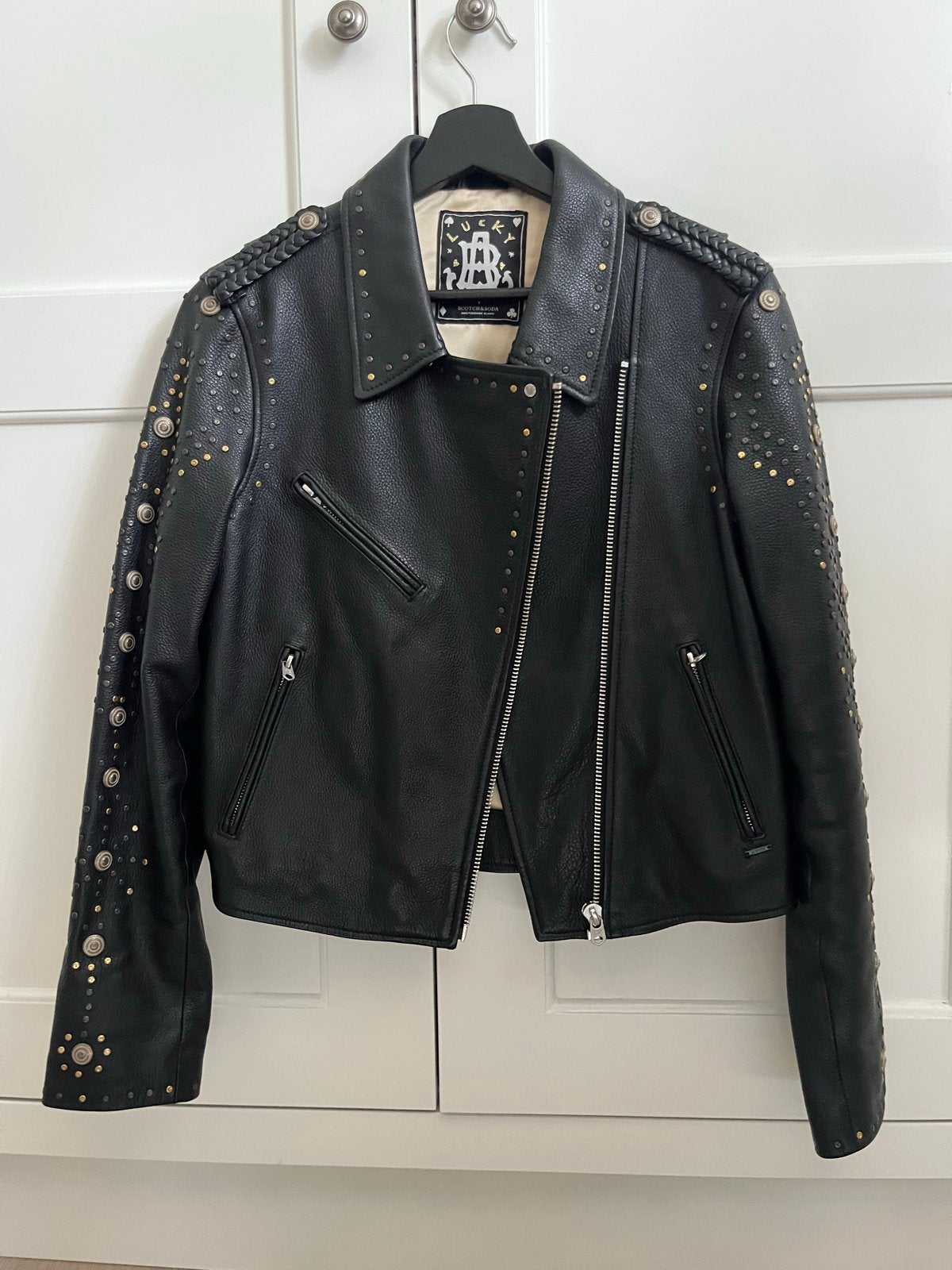 Scotch & Soda Leren Bikerjack met Studs - Zo goed als nieuw, Ophalen of Verzenden, Zo goed als nieuw, Maat 34 (XS) of kleiner