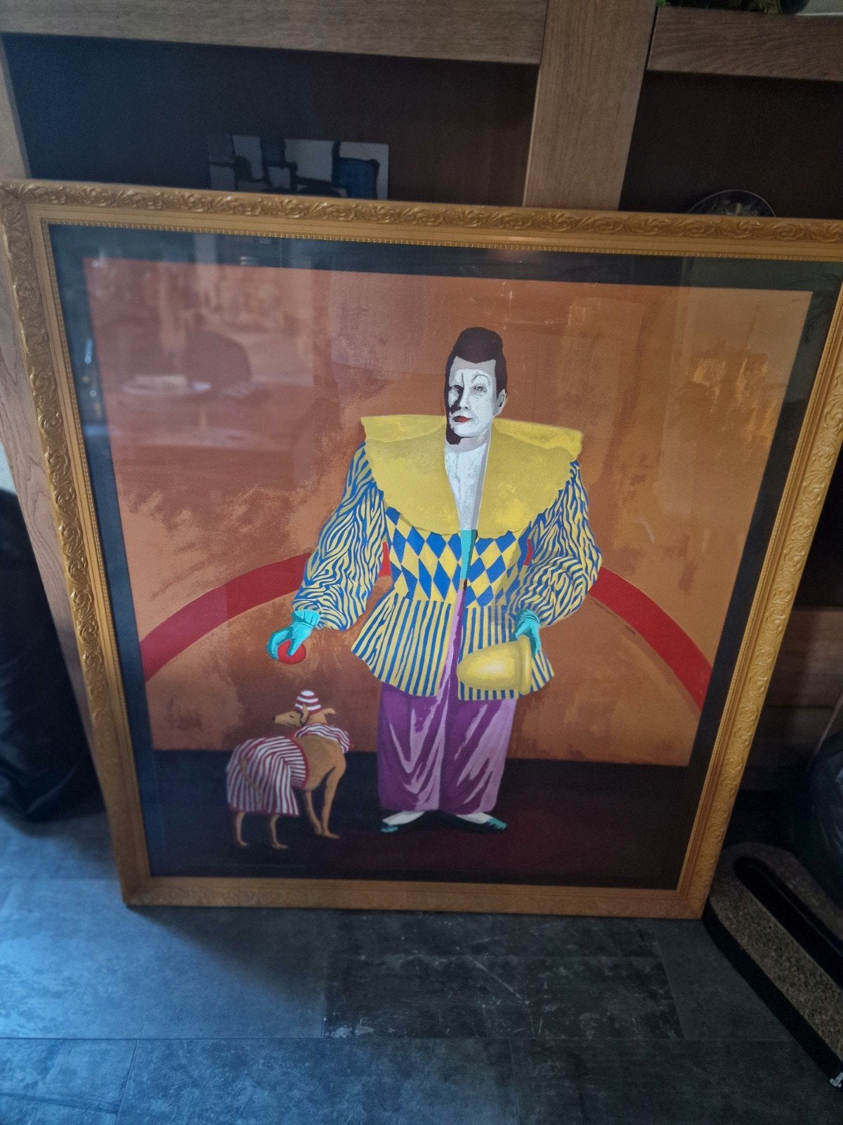 Modern Schilderij: Clown met hond - Ingelijst, Ophalen, Figuren, Olieverf, Overige materialen