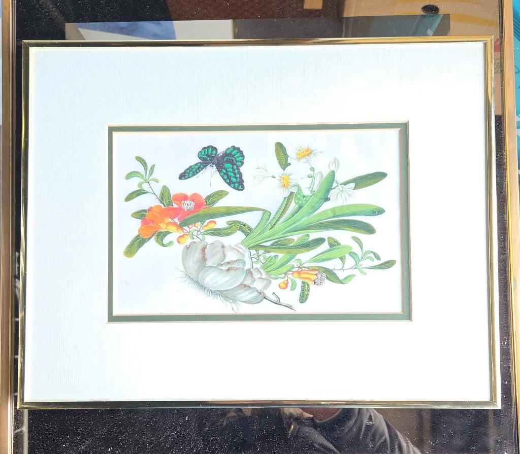 Antiek chinees schilderij rijstpapier bloemen vlinders China, Antiek en Kunst, Ophalen of Verzenden