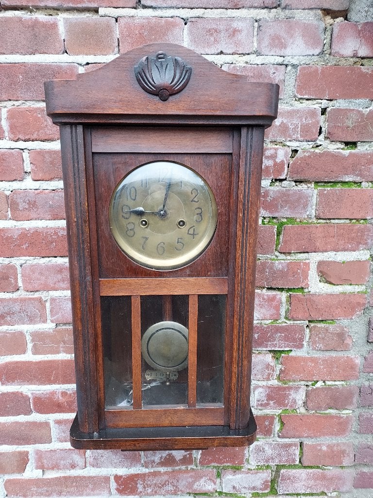 Bimbam regulateur in eiken kast, koperen wijzerplaat., Verzenden