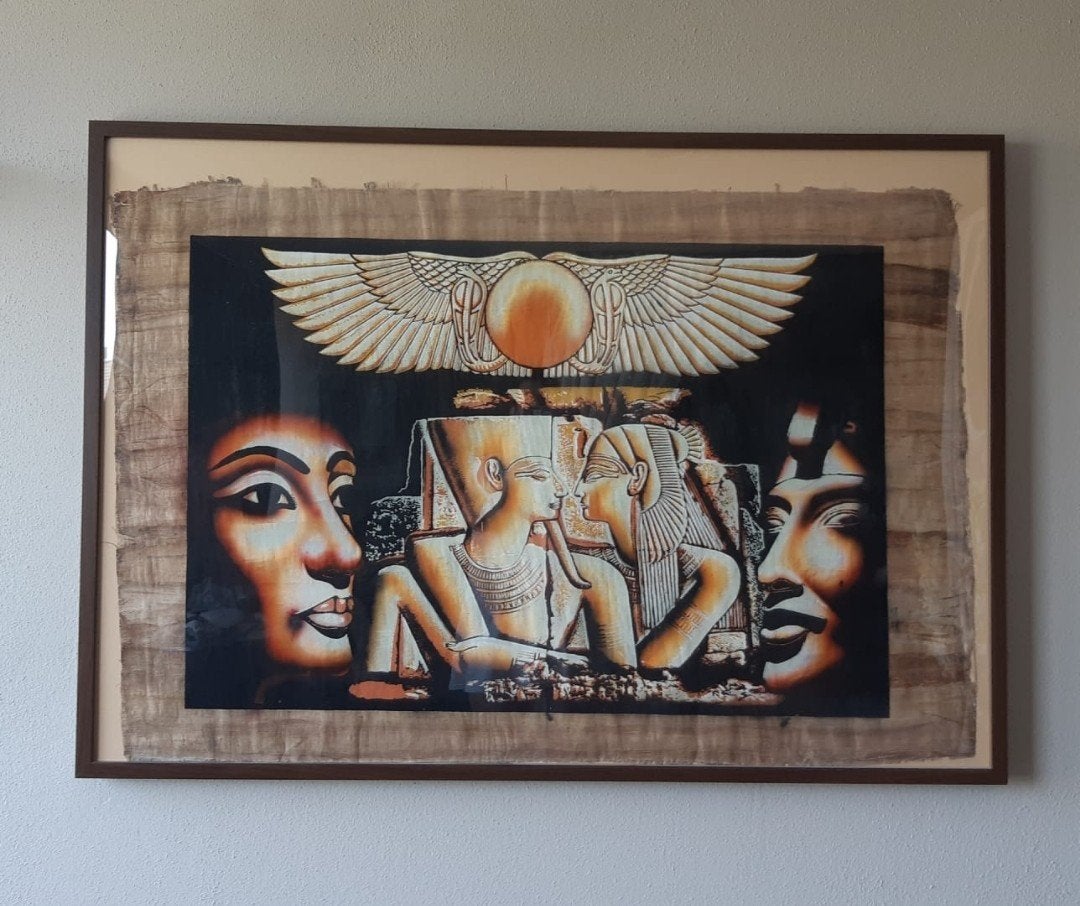 Ingelijste Egyptische papyrus kunst - Farao's en goden, Ophalen, Schilderij, Papier/karton, Meerkleurig