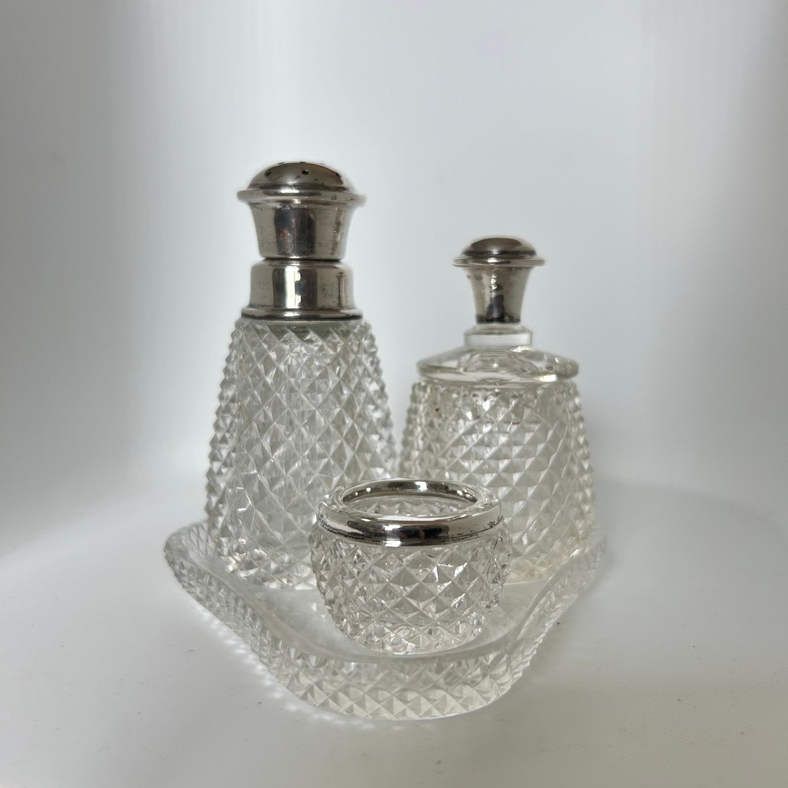 Antieke 4-Delige zilver 835 kristal menageset zwaardje,1890, Ophalen of Verzenden, Zilver