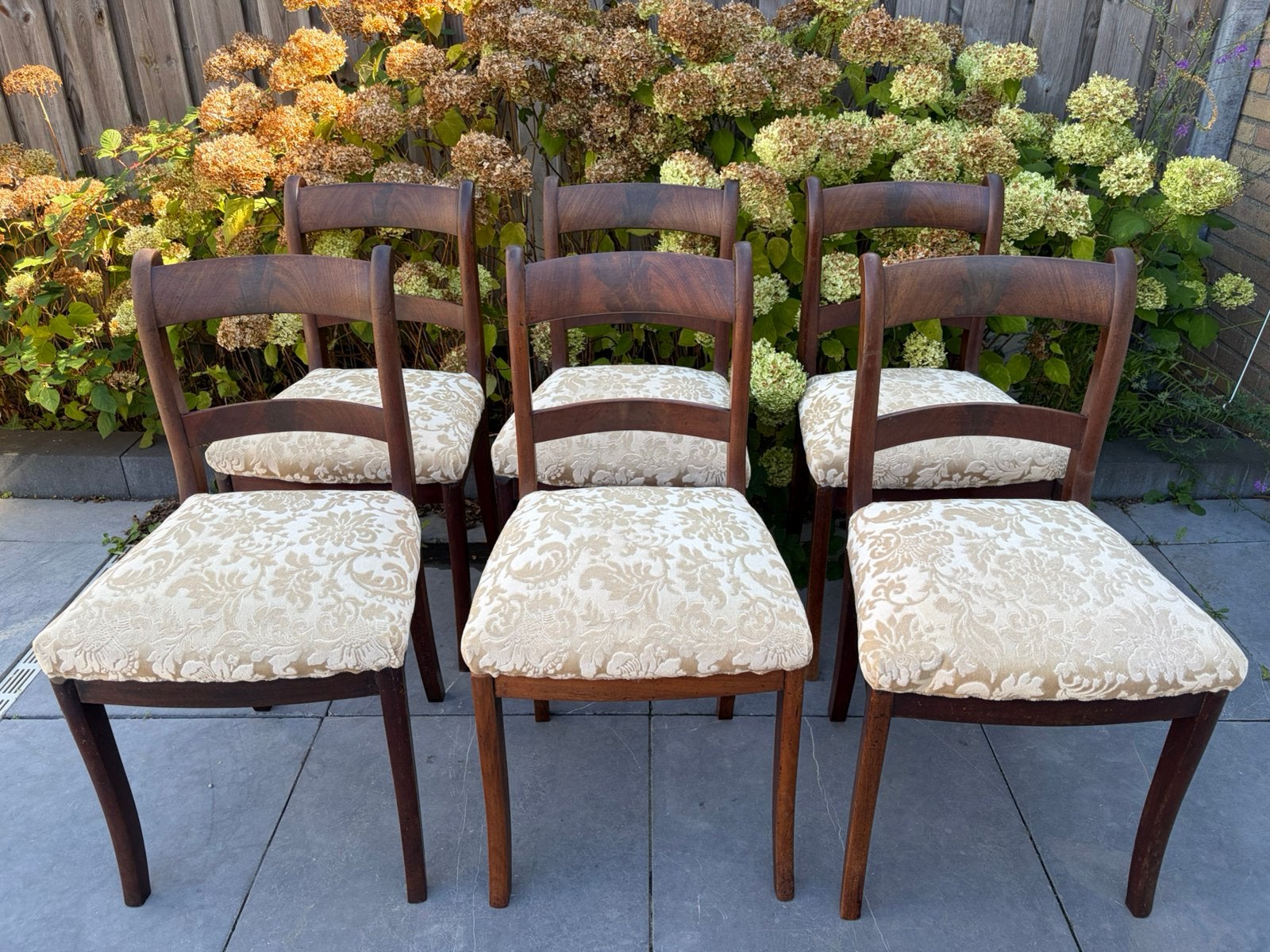 6 Vintage Antieke Mahonie Teak Stoelen, Huis en Inrichting, Stoelen, Ophalen, Gebruikt, Bruin, Stof