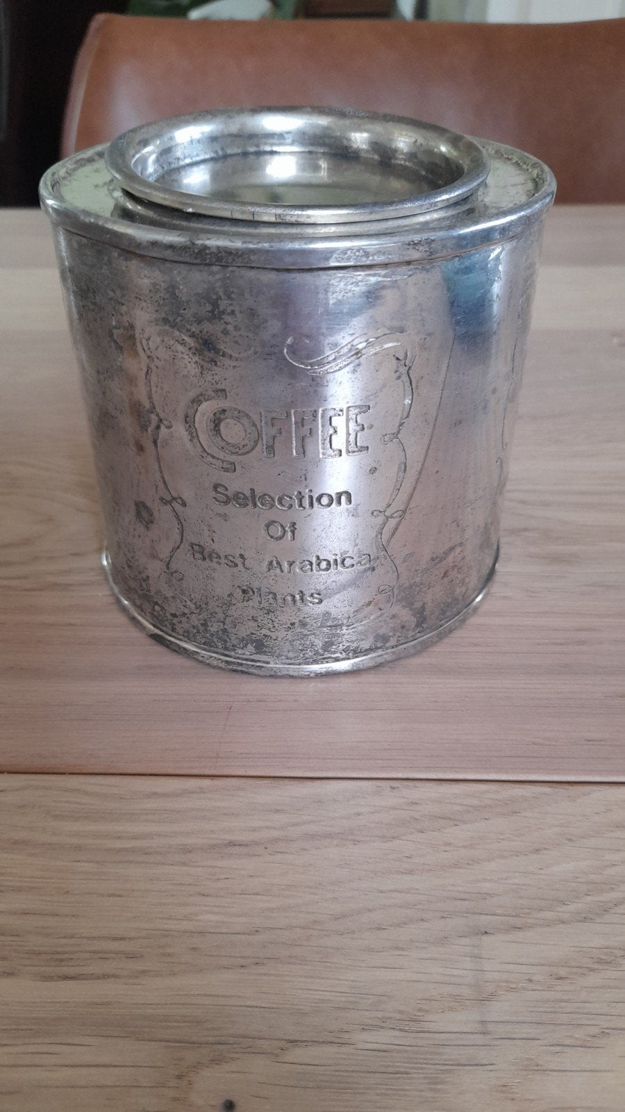 Vintage Verzilverde Koffiebus met Sierlijke Opdruk, Ophalen of Verzenden