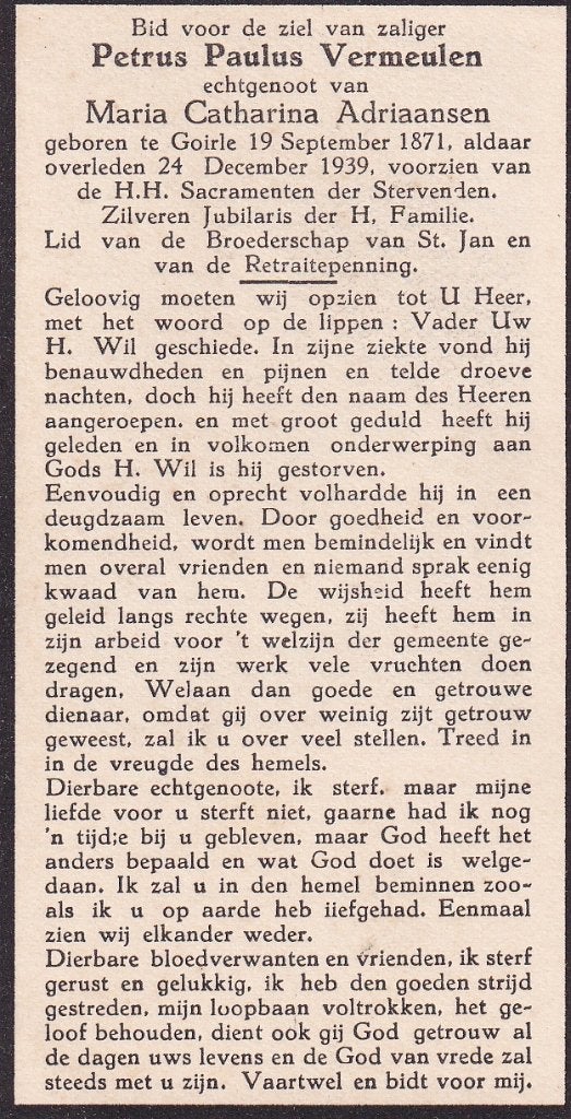 Vermeulen Petrus 1871 Goirle 1939, Ophalen of Verzenden, Bidprentje